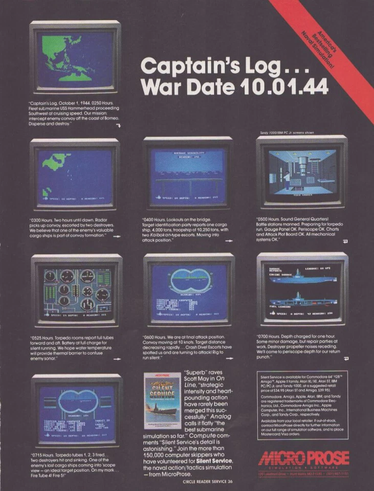 1987 MicroProse Print Ad "Silent Service" game Captain's Log... - Image 1 of 1