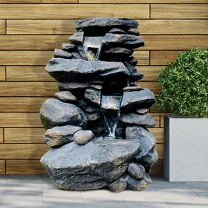3-Tier Outdoor Rock Water Fountain with LED Lights, 26” Floor Standing Waterfall - Picture 1 of 12
