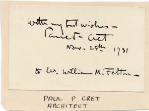 Paul P. Cret-Vintage Signed Card in the 1930s (Architect) - Picture 1 of 1