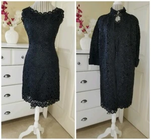 1960er Vintage italienisches formelles schwarzes handgehäkeltes Raffia Midikleid & Mantel Set Gr. S - Bild 1 von 12