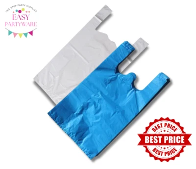 Plastic Vest Carrier Bags Blue or White Bags for  Supermarkets, Shops - Reusable - Image 1 of 2