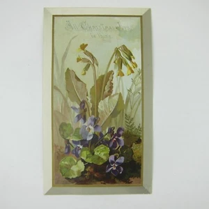 Victorian Christmas Card Flowers Violets Purple Green Leaves Girl Bonnet Antique - Picture 1 of 12