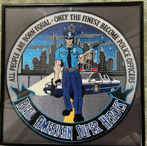 Huge Embroidered Patch POLICE OFFICER HERO & CAR Framed - Picture 1 of 3
