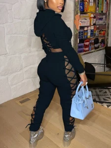 Women's Hollow Out Hoodie Crop w/ Jogger Set (Black) IN STORE NOW ! - Picture 1 of 5