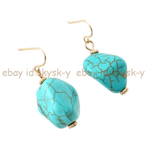 Natural 10-14mm Irregular Freeform Blue Turquoise Beads Dangle Hook Earrings - Picture 1 of 5