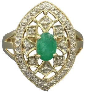 "Cherish Love with a Touch of Vintage: 10ct Yellow Gold Emerald & Diamond Ring" - Picture 1 of 7