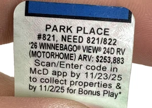 2025 Monopoly at McDonald’s McD’s PARK PLACE UNREDEEMED #821 - Picture 1 of 3