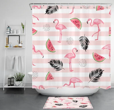 Tropical Black Leaf Pink Flamingo Grey Shower Curtain Bathroom Accessories Set - Image 1 of 4