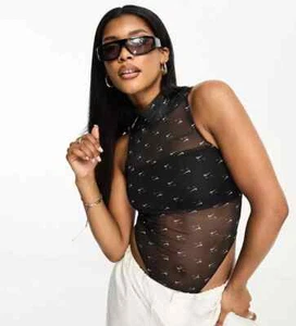 M Nike Air all over print bodysuit black swoosh see through shirt womens NWT - Picture 1 of 14