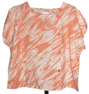Vintage Square Neck Top Womens L 38" Peach White Swirl Cap Sleeve USA Made 80s - Picture 1 of 8