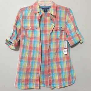 Tommy Hilfiger Women's Boyfriend Shirt Size XS Button-Up Roll-Tab Sleeve Spread - Picture 1 of 10