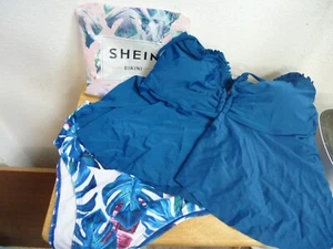 Stein blaues geblümtes Unterteil, einfarbig blaues Bikini Oberteil mit kurzem Rock 1XL - Bild 1 von 8