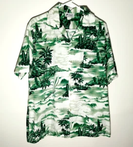 Malihini Hawaiihemd mit Knöpfen (grün Surf Strand Palmen) Made in Hawaii Herren XL - Bild 1 von 6