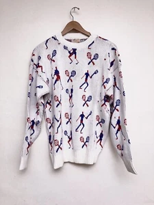 Rare Tennis Knit Sweater Red White Blue All Over Print Chunky Made USA Vintage - Picture 1 of 13
