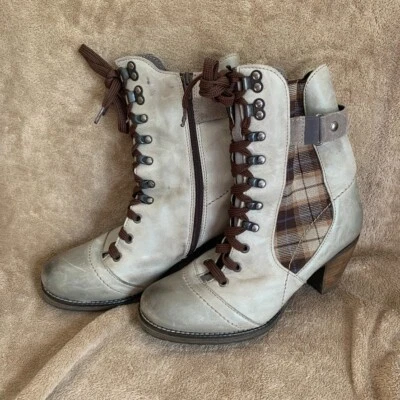Dromedaris Women's Heeled Boots Gray-Plaid Lace/Side Zip Leather EU 38 US 7/7.5 - Image 1 of 4