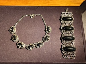 Vintage, Halskette & Armband silberfarben mit schwarzen Steinen. Unsigniert - Bild 1 von 16