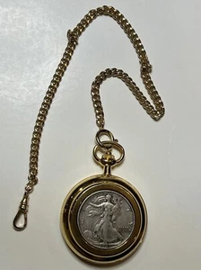 Colibri Gold Plated Pocket Watch & Chain W/ Walking Silver Liberty 50C IT WORKS - Picture 1 of 5