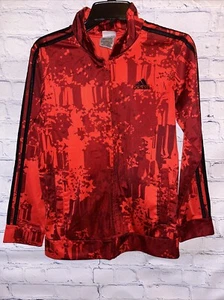 Boys Adidas Red Full Zip Jacket Sz large 14 16 Print Black 3 Stripe Sleeves Logo - Picture 1 of 8