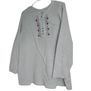 Woman Within 3X Gray Floral Embroidered Henley Long Sleeve Tunic Thermal Top - Picture 1 of 14