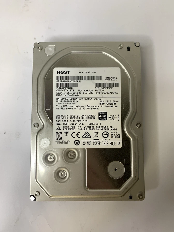 HGST HUS726060AL4214 6TB 7.2K 12G SAS 3.5" Server Hard Drive P/N 0F22810 No Cady - Image 1 of 4