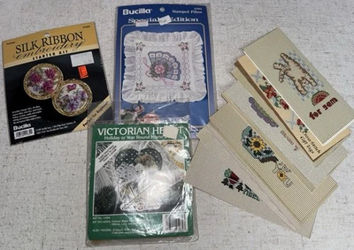 Vintage NEW Bucilla Silk Ribbon Embroidery Cross Stitch Kits Stamped Pillow - Image 1 of 4