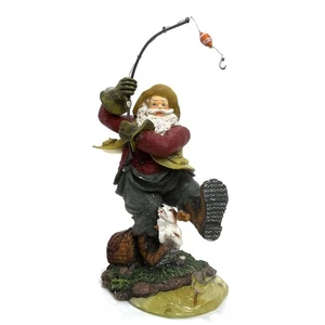 Vintage Weihnachtsmann Angelfigur hat Hund und Fisch springt aus dem Wasser 10,25 Zoll - Bild 1 von 2