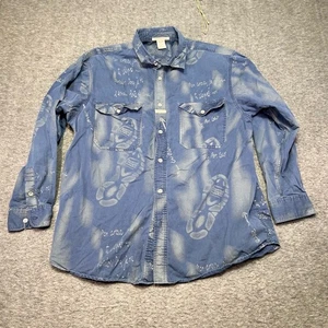 Vintage MARITHÉ FRANÇOIS GIRBAUD Mens Large Shirt Blue Distressed Graphic - Picture 1 of 7
