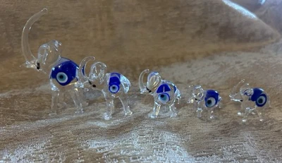 Murano Set Of 5 Matching Glass Elephants Graduating In Size Blue Evil Eye Italy - Image 1 of 4