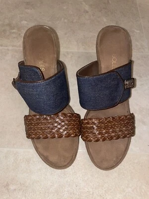 AEROSOLES Hero Denim/Faux Leather Braided Heeled Slide Sandals Sz 8M  - Image 1 of 4