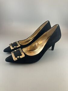Womens Heels Sz 6.5 Nine West black suede pumps with gold buckle 3” heel
