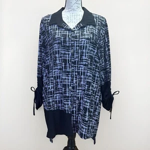 Ali Miles Womens Top Gray Black Artsy Lagenlook Button Front Cinched Sleeve XL - Picture 1 of 11