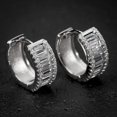 Men's Iced White Gold Plated Sterling Silver Baguette CZ Huggie Hoop Earrings - Image 1 of 4