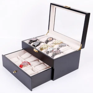 1x Lockable Storage Organizer Clear Top Wood Black Watch Collection 20 Slots Box - Picture 1 of 9