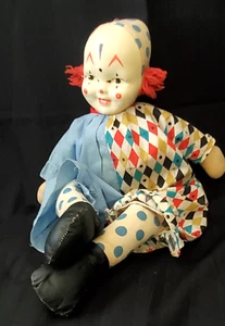 VTG. 50'S CARNIVAL PRIZE PLUSH 19" CLOWN DOLL W. CELLULOID FACE & RED YARN HAIR - Picture 1 of 17