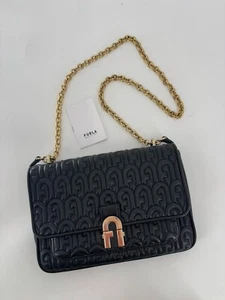 Furla Leather Crossbody Bag Medium Black Monogram Gold Chain Strap Logo Pockets - Picture 1 of 17