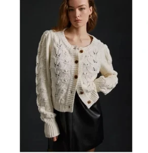By Anthropologie Size-XXS Bobbi Cable-knit Puff Sleeve Cardigan Sweater Ivory - Picture 1 of 12