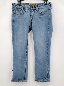 Hint Jeans Denim Capris Junior Size 7 Color Blue Button Pockets Zip Distressed - Picture 1 of 9