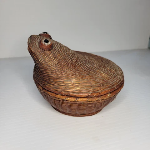 Glass Eyes Woven Wicker Rattan Frog Jar Basket With Top Vintage Handmade Cover