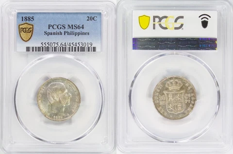 1885 Spain/Philippines 20 Centimos ~ PCGS MS64 ~ KM#149 ~ 83.5% Silver ~ KK3 Cover