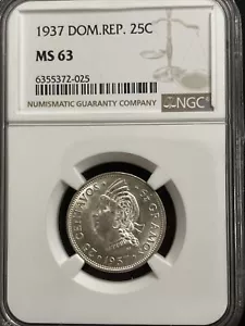 1937 Dominican Rep. 25 Cents NGC MS63 Silver Coin First Issue Key Date J2 - Picture 1 of 3