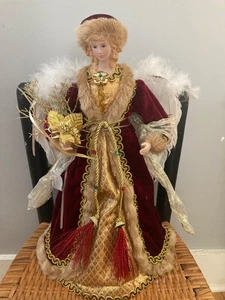 Victorian Christmas Angel Tree Topper Porcelain Face  Red Gold Velvet Gown 16” - Picture 1 of 3