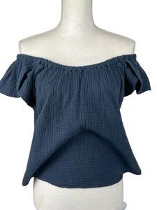 Cynthia Rowley Damen Top Gr. S Crinkle 100% Baumwolle Blau Flatterärmel Oberteil - Bild 1 von 18