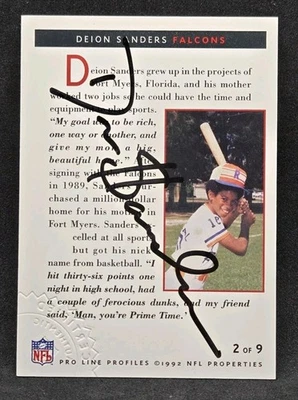 1992 Pro Line Profiles Stamped Certified Autograph Deion Sanders On-Card AUTO  - Image 1 of 3