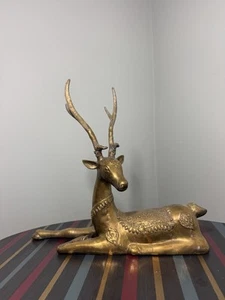 Vintage Solid Brass Bronze Southeast Asian Auspicious Deer Sculpture 12.5”x13.5” - Picture 1 of 24