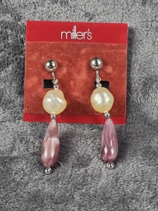 Miller's Clip-On Dangle Drop Earrings Purple Teardrop Faux Pearl Silver Tone - Picture 1 of 4