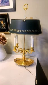 King Louis XVI Ormolu Gold Bronze Bouillotte 4 Candle Dark Green Tole Shade - Picture 1 of 12