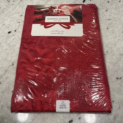 Bardwil Linens Winter Joy Damask Tablecloth 70" Round Red Poinsettia Christmas - Image 1 of 4
