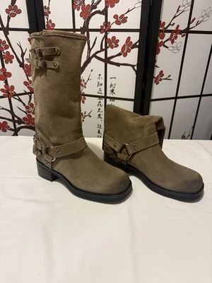New!! ASTOR TAUPE SUEDE LEATHER Mid-Calf Moto Boots Size 8.5 - Image 1 of 4