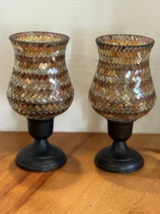 2 Ashland Decor Mosaic Stained Glass Tile Hurricane Pedestal Candle Holders - Picture 1 of 8