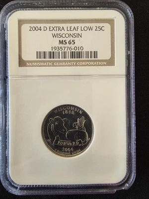 2004 D Extra Leaf Low Wisconsin George Washington State Quarter 25C NGC MS 65 - Image 1 of 2